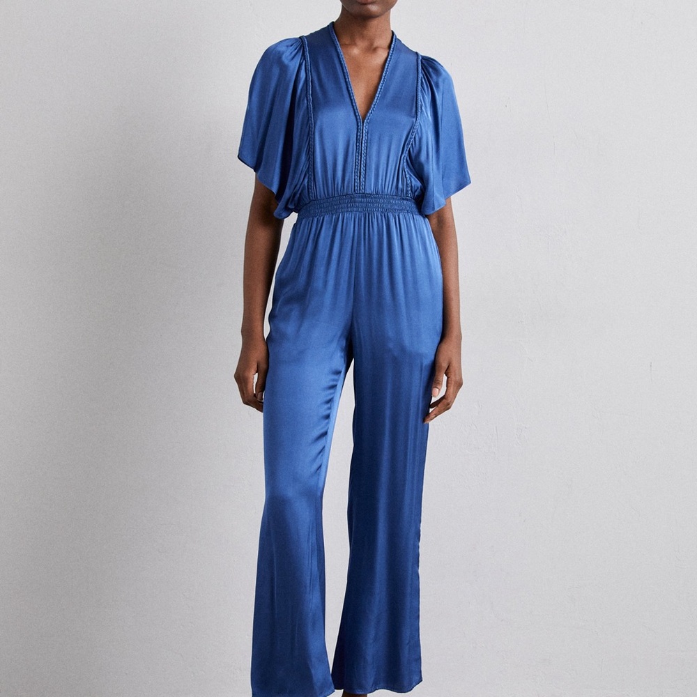 Maje Plunge Neck Wide Leg Jumpsuit With Braided Collar in Rich Navy Blue Size 12